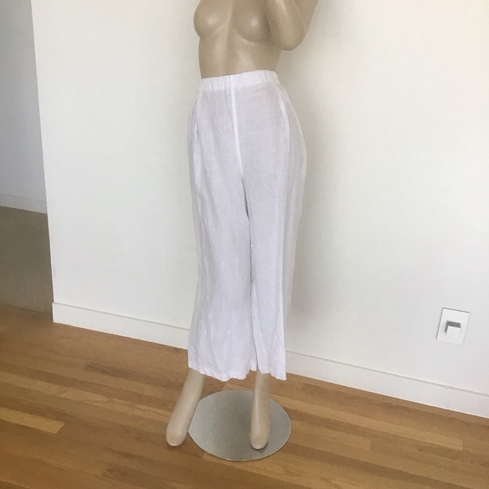 Eileen Fisher White 100% Organic Linen Wide Leg Flat Front‎ Ankle Crop Pants L